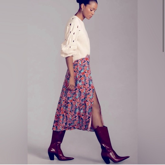 ⬇️ Anthropologie The Lille Side-Slit Midi Skirt by Maeve Pink Floral Size 14 - Picture 3 of 13